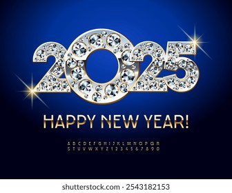 Vector chic Wish Card Happy New Year 2025! Stylish Gold Font. Luxury cool  Alphabet Letters and Numbers set.