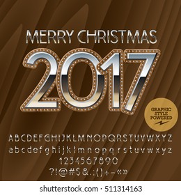 Vector chic wooden Happy New Year 2017 greeting card with set of letters, symbols and numbers. File contains graphic styles