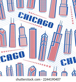 Vector Chicago Seamless Pattern, mehrfarbiger Hintergrund mit Illustration von rotem, berühmtem Chicago City-Umhang auf weißem Hintergrund zum Verpacken von Papier, dekoratives Line Art urbanes Poster mit blauem Text Chicago