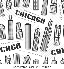 Vector Chicago Seamless Muster, quadratischer, mehrfarbiger Hintergrund mit Illustration des berühmten Chicago City-Landschaftsbildes auf weißem Hintergrund für die Verpackung von Papier, einfarbiges Kunstposter mit dunklem Text Chicago