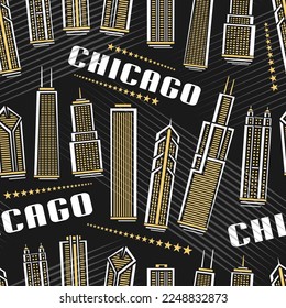 Vector Chicago Seamless Pattern, square repeat background with illustration of famous chicago city scape on dark background for wrapping paper, decorative line art urban poster with white text chicago