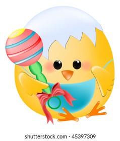 Vector chick baby with rattle