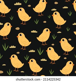 
vector chick pattern. yellow chickens in different poses, vector seamless illustration.