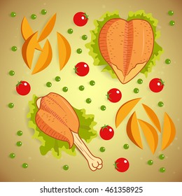 Vector. Chicken barbecue set. The drumstick, the breast, skin, lettuce, tomatoes, green peas, potato wedges.
