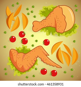 Vector. Chicken barbecue set. The drumstick, wings, skin, lettuce, tomatoes, green peas, potato wedges.