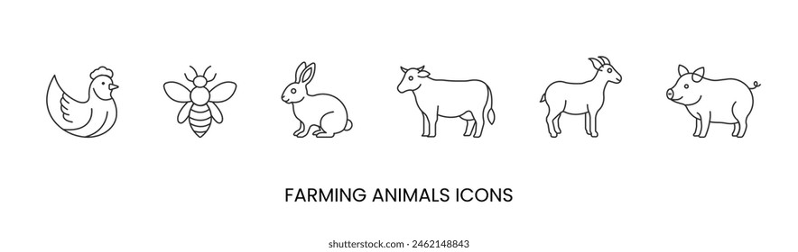 Vector chicken, bee, rabbit, cow, goat, pig, meat icons, farm animals. Trendy colors. Isolated on a white background. Editable stroke