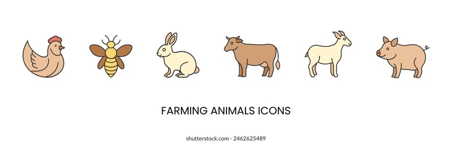 Vector chicken, bee, rabbit, cow, goat, pig, meat icons, farm animals. Trendy colors. Isolated on a white background. Editable stroke