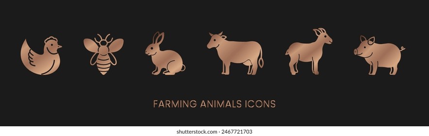 Vector chicken, bee, rabbit, cow, goat, pig, meat icons solid bronze style, farm animals. Trendy colors. Isolated on a white background. Editable stroke