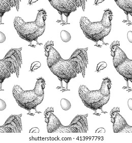Vector chicken breeding hand drawn seamless pattern. Engraved Chicken, Roster, feather and egg illustrations. Rural natural bird farming. Poultry business background 