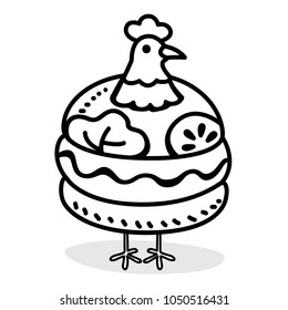 Vector chicken burger made from genuine chicken meat ingredients with line style isolated on white background.