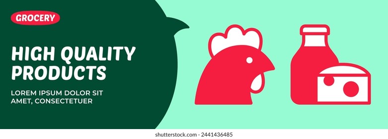 Vector chicken and dairy illustration banner. Poultry meat and eggs icon poster. Design flyer of milk bottle and cheese products. Grocery shop food promo, background, ad, banner, package, logo, label