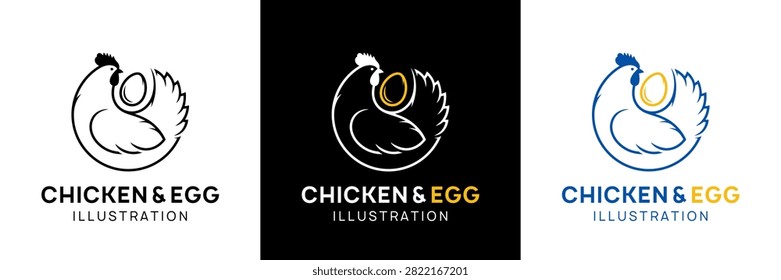 Vector chicken egg logo design featuring a stylized hen with a golden egg in a round line art style. Perfect branding for egg packaging, poultry farms, eco-friendly agriculture, breakfast cafes, farmers' markets, and natural food products