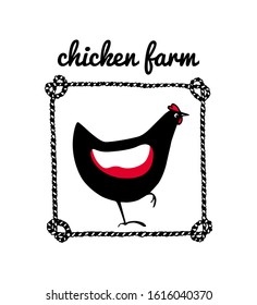 Vector Chicken Farm emblem with hand drawn chicken in nautical rope frame. Beautiful ink drawing. Perfect elements for food or farming design.