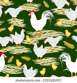 Vector - chicken with a faucet on straw illustration, seamless pattern.