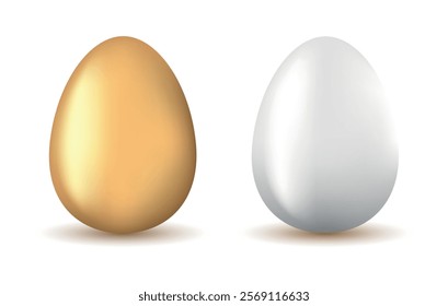 Vector chicken golden and white realistic eggs. Easter eggs for cooking. Easter seasonal spring holiday template for decoration. Egg hunt game.