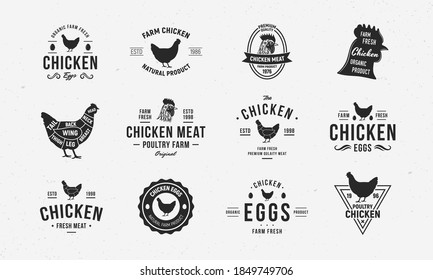 Vector Chicken, Hen vintage logo set. 12 trendy retro emblem and poster templates for Poultry Business, Butchery, Meat shop, Restaurant menu design. Chicken cuts diagram. Chicken egg, meat. 