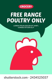 Vector chicken icon logo template. Hen bird label illustration poster. Farm market flyer of poultry meat and egg products. Grocery shop food promo, ad, banner, package, design, background