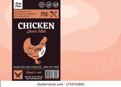 Vector chicken label design. Breast fillet background. American (US) cuts of chicken diagram