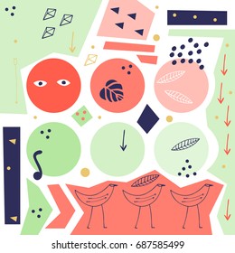 Vector chicken and leaves illustration. Poster, print.