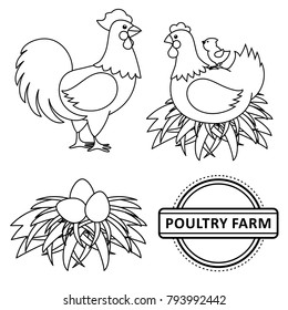 Vector chicken set. Monochrome contour rooster, cock, hen chicken, eggs in hay nest, yellow small chick, poultry farm logo. Isolated illustration, white background. Coloring book for children design