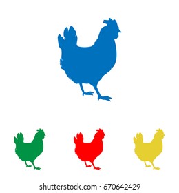 vector chicken silhouette. Vector. Big blue flat icon with red, green and yellow small icons at white background. Isolated.