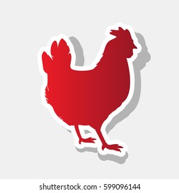 vector chicken silhouette. Vector. New year reddish icon with outside stroke and gray shadow on light gray background.