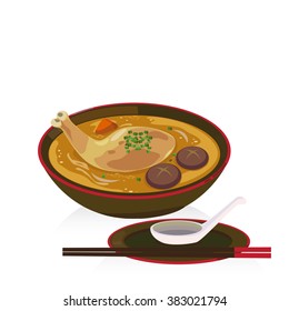 Vector of chicken soup in a bowl with spoon and chopsticks.