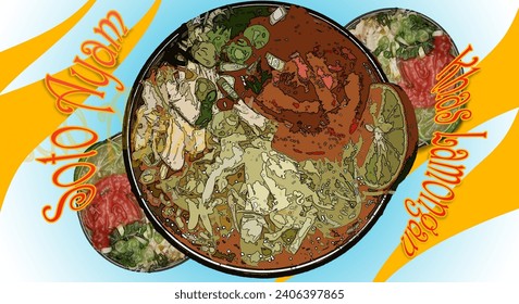 Vector of chicken soup originating from Lamongan City, Indonesia called Soto Ayam and combined with an abstract background.