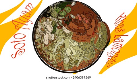 Vector of chicken soup originating from Lamongan City, Indonesia called Soto Ayam and combined with an abstract background.