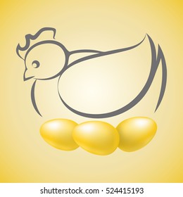 vector chicken and three eggs on the yellow background