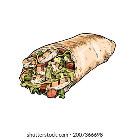 Vector chicken, vegetables roll, fast food meal. Doner gebab, shawarma flat cartoon illustration isolated on a white background. Arabic, eastern food, hand drawn image. Buritto, taco - mexican food