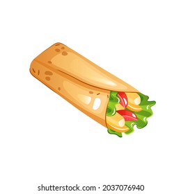 Vector chicken, vegetables roll, fast food meal. Doner gebab, shawarma flat cartoon illustration isolated on a white background. Arabic, eastern food, hand drawn image. Buritto, taco - mexican food