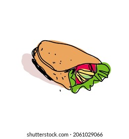 Pollo vectorial, rollo de verduras, comida rápida. Gebab donante, ilustración de caricatura plana shawarma aislada en un fondo blanco. Árabe, comida oriental, imagen dibujada a mano. Buritto, taco - comida mexicana