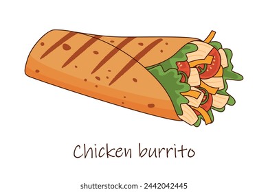 Vector chicken, vegetables roll, fast food meal. Doner kebab, shawarma or burrito flat cartoon illustration isolated on a white background. Arabic, eastern food, Mexican food