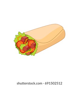 Vector chicken, vegetables roll, fast food meal. Doner gebab, shawarma flat cartoon illustration isolated on a white background. Arabic, eastern food, hand drawn image. Buritto, taco - mexican food