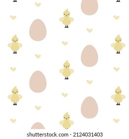 Vector chicks and eggs pattern on white background.