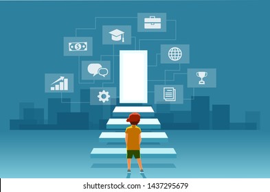 Vector Of A Child, A Boy Looking At The Stairs Leading To The Door Of Modern Digital World. Concept Of Self Realization, Education And Career Success