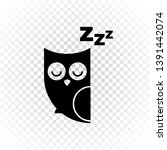 Vector child cartoon character illustration. A cute black sleeping owl with zzz text and closed eyes on transparent. Concept of trying to sleep, insomnia, dream, relax. Design for logo, icon, web.