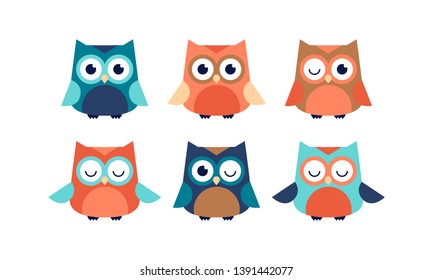 Vector child cartoon character illustration. Small colorful set of childish owls on white. Two of them is sleeping with closed eyes. Concept of trying to sleep, insomnia, dream, relax.