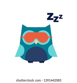 Vector child cartoon character illustration. A cute colorful sleeping owl with zzz text and sleep mask on white. Concept of trying to sleep, insomnia, dream, relax. Design for logo, icon, web.