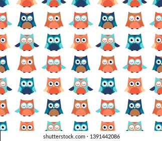 Vector child cartoon character texture. Seamless animal ornament of small colorful childish owls in rows on white. Nature pattern for fabric, textile, paper, wrapping.