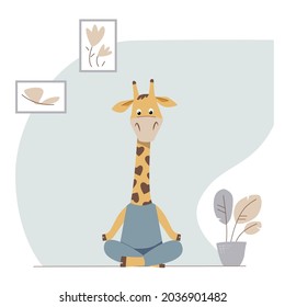 Vector child character sitting in lotus pose in the room. Funny giraffe doing yoga. Cute cartoon animal at home.