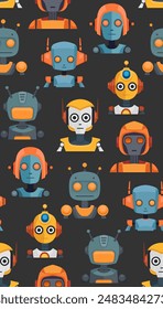 Vector child cheerful pattern with bright cartoon robots on a dark background. Childish flat texture with various cyborg toys for fabrics, wrapping paper and wallpaper. Surface design with androids