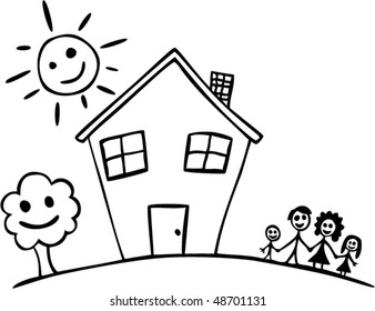 Vector Child Drawing Of Happy Family And House