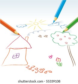 Vector child drawing with pencils