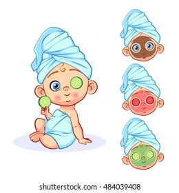 Vector child gets a spa treatment. The choice of a few baby heads with different facials and eye compress.