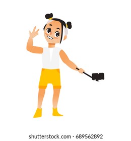 Vector child girl makes selfie .Flat cartoon style Isolated illustration on a white background. Young kid in shorts , t-shirt makes photo by selfie stick on vacation