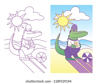 Vector child illustration with a crocodile boy character on the seashore, which is wearing a cap, panties and a t-shirt with the letter A and is about to play ball Coloring page