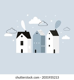 Ilustración infantil vectorial con bonitas casas graciosas y estrellas de fondo azul. Casas urbanas y de pueblo de moda. Paisaje urbano. Tarjeta de saludo, impresión, afiche, diseño de camisetas para niños. Escandinavo.