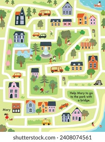 Vector child labyrinth with town symbols for baby, babies. Children maze illustrated with cars, houses, buildings, trees, streets. City easy simple drawing map.